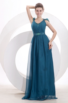 V-Neckline A-line Full Length Teal Colored Engagement Dress Illusion Back
