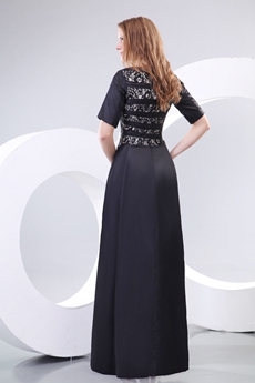 Half Sleeves Boat Neckline Black Mother Dress With Lace Decoration 