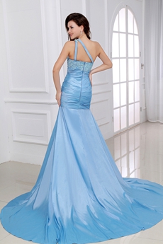 Modest One Straps Sheath Blue Prom Party Dress 