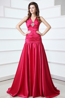 V-Neckline Straps Dropped Waist Fuchsia Prom Dress 
