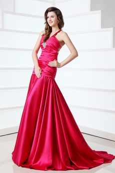 V-Neckline Straps Dropped Waist Fuchsia Prom Dress 