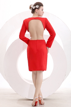 Backless Boat Neckline Long Sleeves Red Wedding Guest Dress 