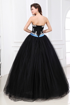 Gothic Black Ball Gown Quinceanera Dress With Blue Sash 