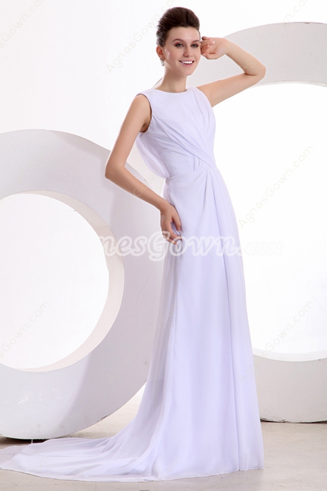 v-Back A-line Full Length White Chiffon Destination Wedding Dress 
