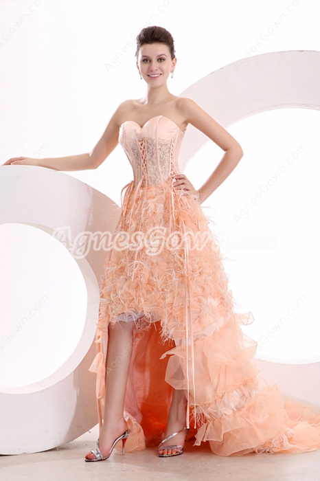 Stunning Front Short Long Back Coral Feather Sweet Sixteen Dress 