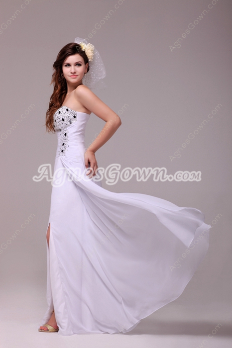 Modern A-line Full Length White Chiffon Beach Wedding Dress With Beads  