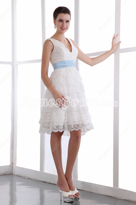 Knee Length V-Neckline White Lace Beach Wedding Dress With Blue Sash 