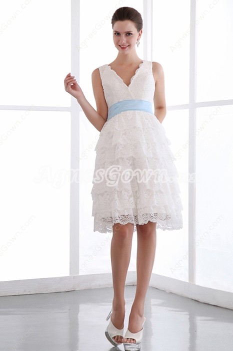 Knee Length V-Neckline White Lace Beach Wedding Dress With Blue Sash 