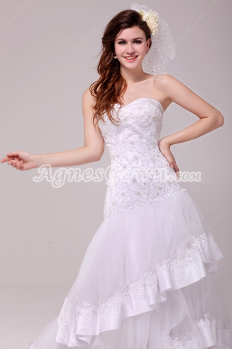 Luxury Strapless A-line Lace Wedding Dress 3 Tiered 