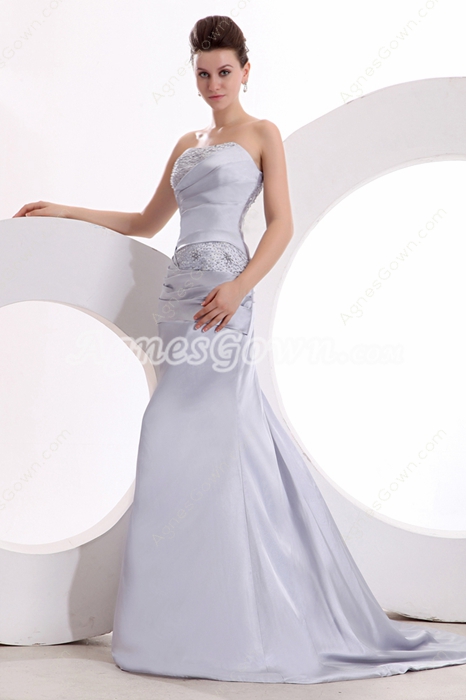 Graceful Strapless A-line Silver Satin Modest Prom Dress 