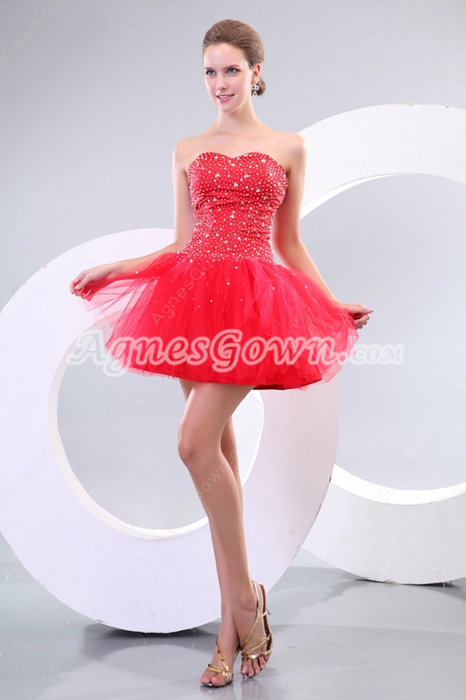 Chic Sweetheart Puffy Short Length Red Damas Dress With Heavy Beads 