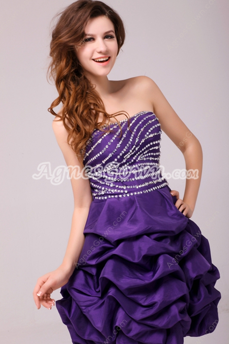 Puffy Mini Length Violet Taffeta Damas Dress With Sequins 