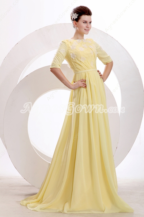 Half Sleeves Halter A-line Full Length Yellow Engagement Evening Dress 