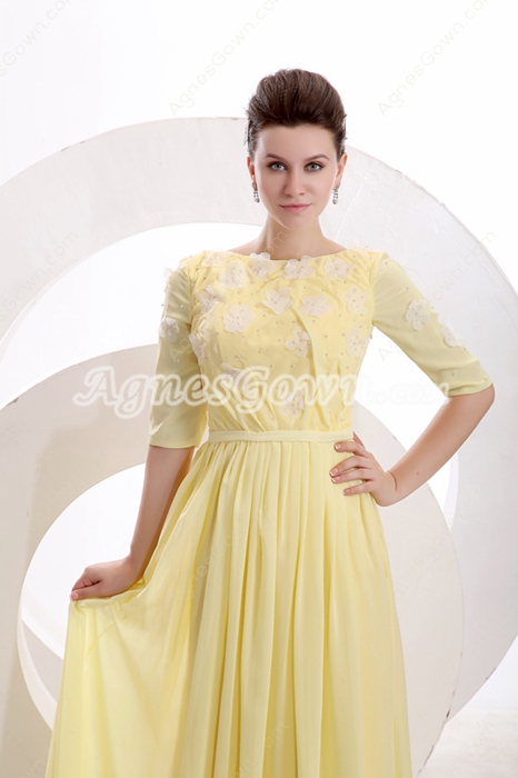 Half Sleeves Halter A-line Full Length Yellow Engagement Evening Dress 