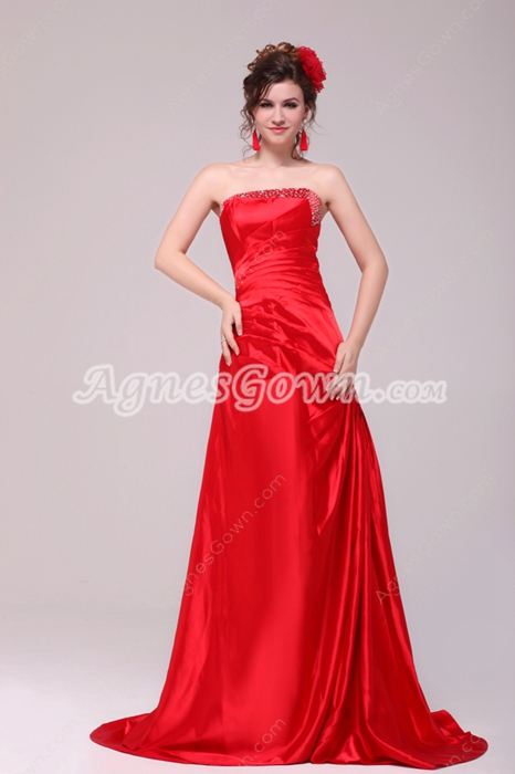 Strapless A-line Red Satin Long Formal Evening Dress Dropped Waist 
