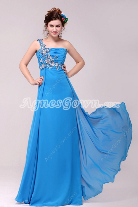 Fantastic One Shoulder A-line Full Length Turquoise Evening Dress 
