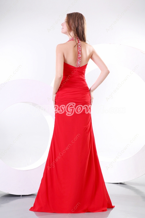 Attractive Top Halter Red Chiffon Celebrity Evening Dress 