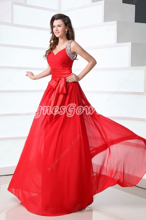 V-Neckline A-line Red Chiffon Formal Evening Dress 