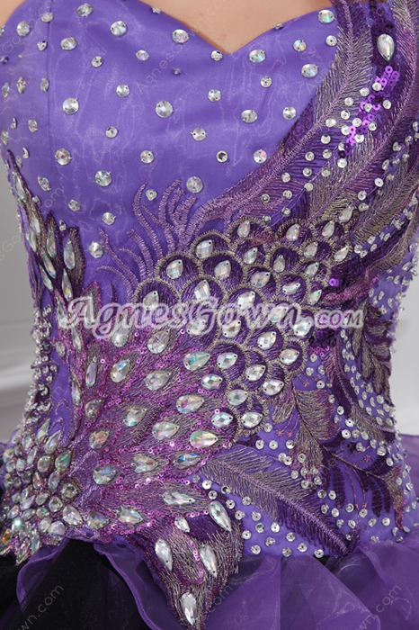 modern one Shoulder Purple & Black Sweet Sixteen Dress With Feather 