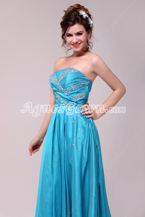 Suitable Tea Length Blue Satin Junior Prom Dress With Beads 