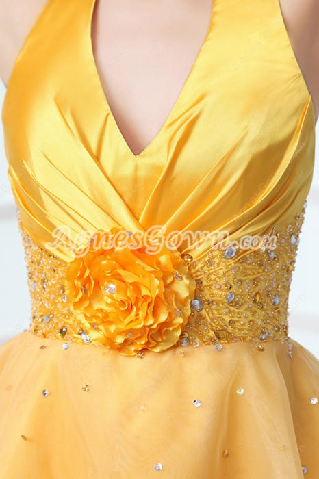 Top Halter Puffy Mini Length Gold Quinceanera Dress For Damas 