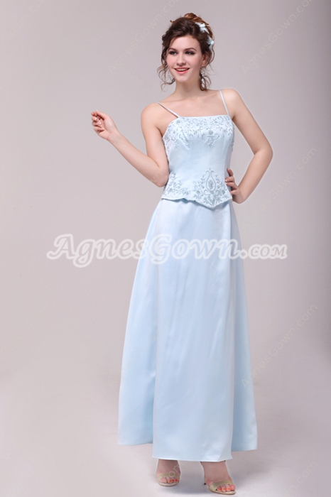 Spaghetti Straps Ankle Length Sky Blue Bridesmaid Dress With Embroidery 