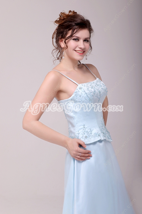 Spaghetti Straps Ankle Length Sky Blue Bridesmaid Dress With Embroidery 