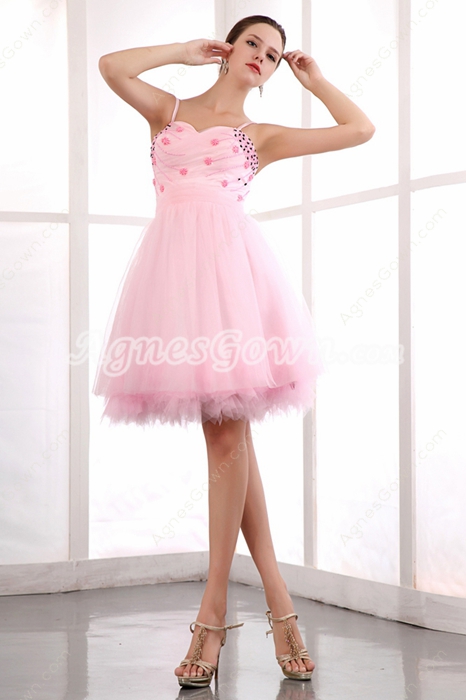 Cute Spaghetti Straps Mini Length Puffy Pink Sweet 16 Dress 