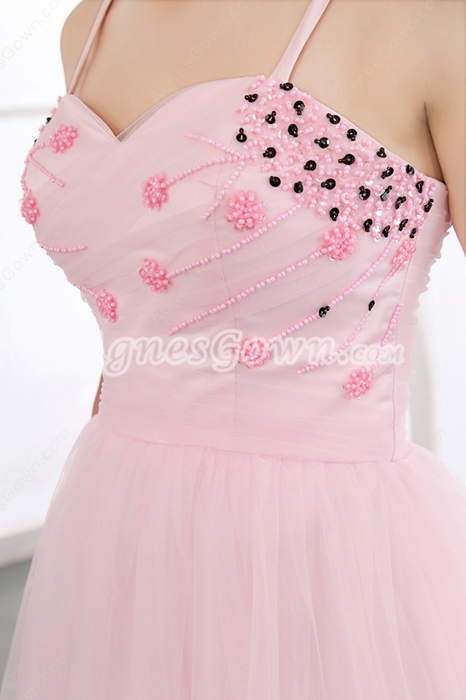 Cute Spaghetti Straps Mini Length Puffy Pink Sweet 16 Dress 