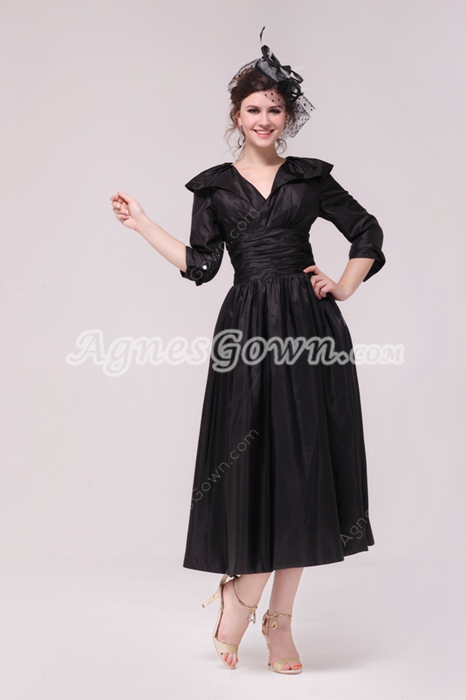 3/4 Sleeves V-Neckline Tea Length Black Mother Of The Groom Dress 