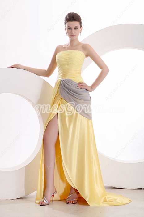 Yellow Strapless A-line Yellow & Silver High School Graduation Dress 