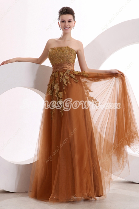 Decent Strapless Puffy Full Length Brown Princess Quince Dress With Lace 