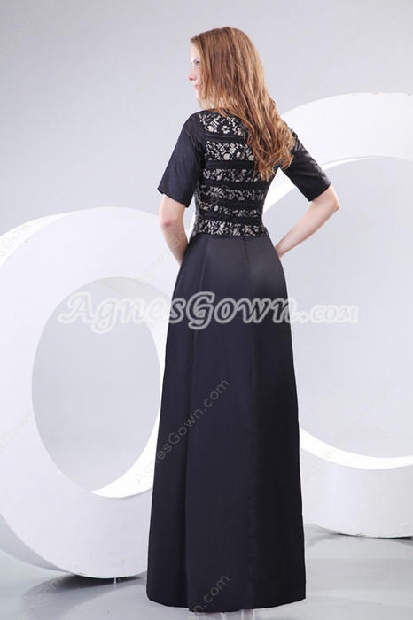 Half Sleeves Boat Neckline Black Mother Dress With Lace Decoration 