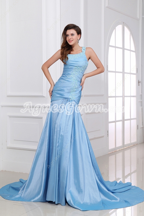 Modest One Straps Sheath Blue Prom Party Dress 
