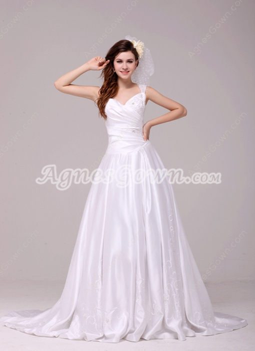 Modest Straps A-line Satin Plus Size Embroidery Wedding Dress With Beads 