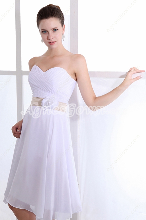 Casual Knee Length White Chiffon Beach Wedding Dress With Champagne Sash