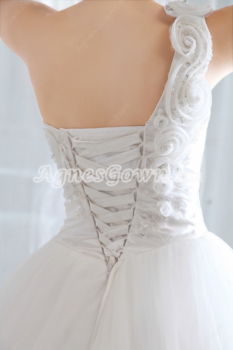 Beautiful One Shoulder White Tulle Cinderella Wedding Dress 2016