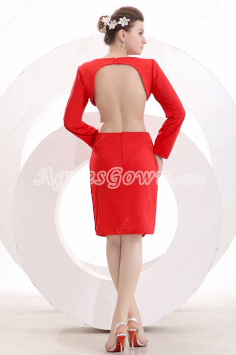 Backless Boat Neckline Long Sleeves Red Wedding Guest Dress 