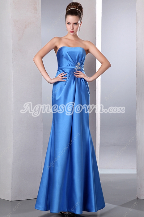 Strapless A-line Blue Satin Prom Party Dress 