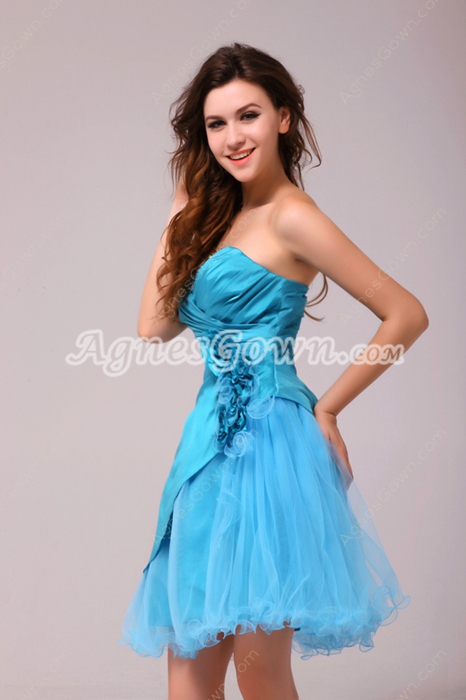 Cute Short Length Blue Homecoming Dress With Handmade Flowers 