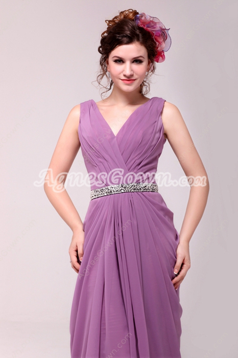 Perfect V-Neckline A-line Lilac Chiffon Engagement Dress 