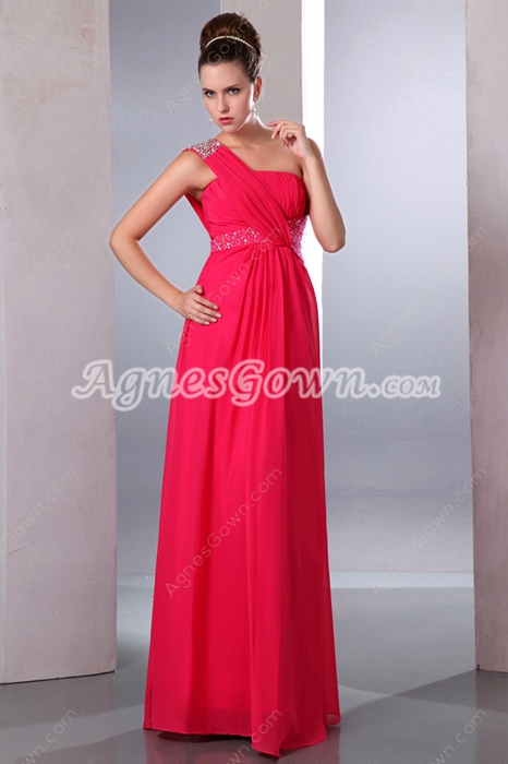 One Shoulder Full Length Hot Pink Prom Dress 
