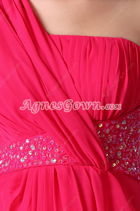 One Shoulder Full Length Hot Pink Prom Dress 