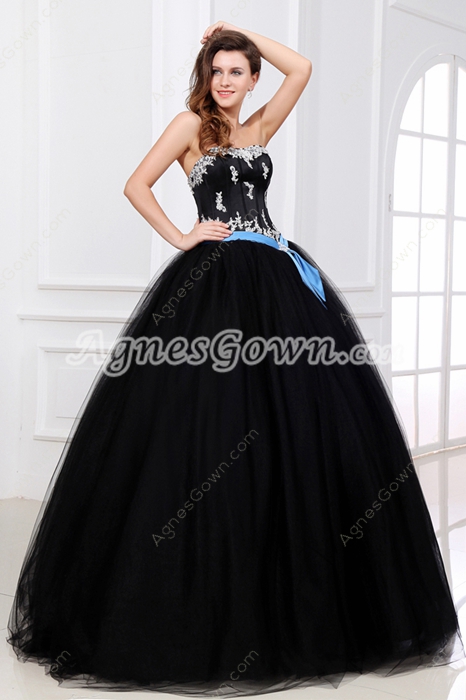 Gothic Black Ball Gown Quinceanera Dress With Blue Sash 