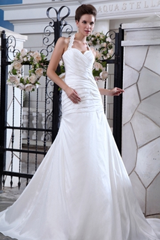 Halter Taffeta A-line Wedding Dress Pleated Bodice 