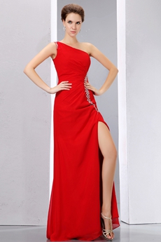 Noble One Shoulder High Slit Red Evening Dress 