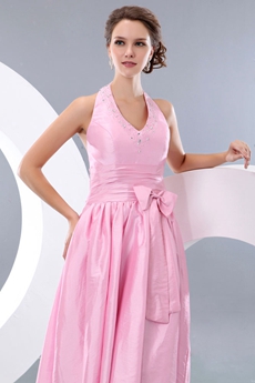 sweet Halter Tea Length Pink Junior Prom Dress 
