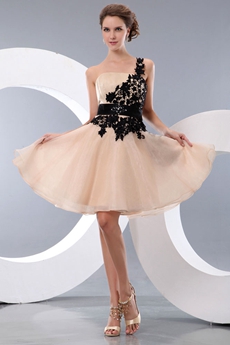 Modern Champagne Organza Homecoming Dress With Black Appliques 