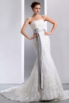Exclusive Ivory Lace Wedding Dress With Silver Sash 