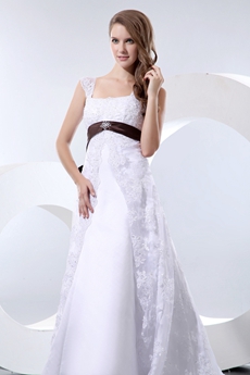 Empire Waist Straps Maternity Lace Wedding Dress With Brown Sash 